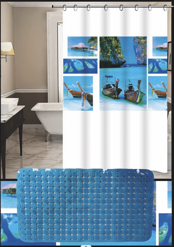 Set Cortina de Baño con Alfombra Bañera y Ganchos - Campomayo