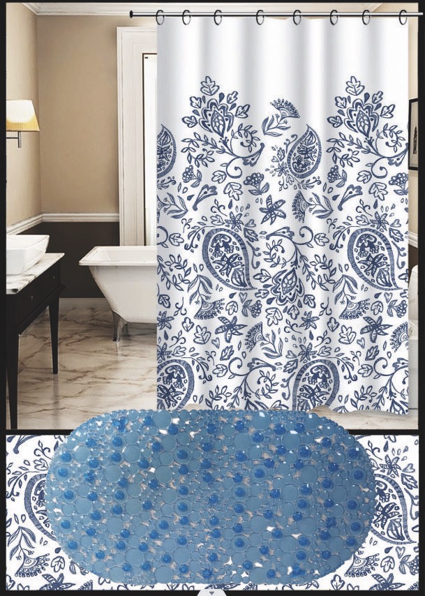 Set Cortina de Baño con Alfombra Bañera y Ganchos - Campomayo