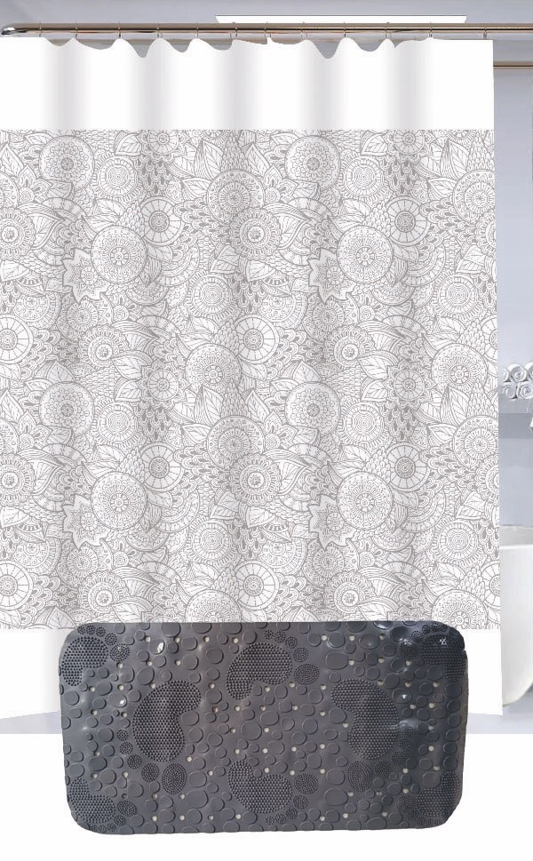 Set Cortina de Baño con Alfombra Bañera y Ganchos - Campomayo