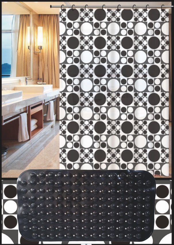 Set Cortina de Baño con Alfombra Bañera y Ganchos - Campomayo