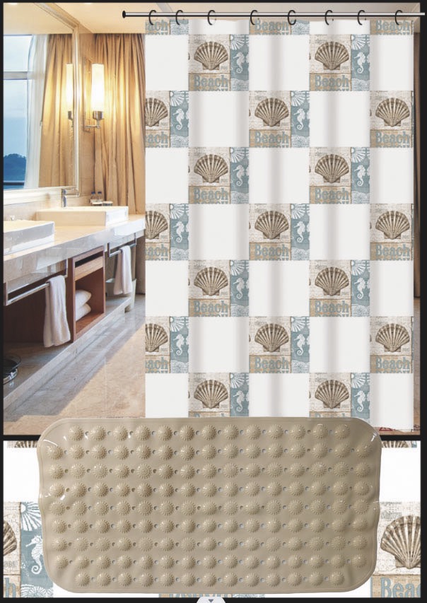 Set Cortina de Baño con Alfombra Bañera y Ganchos - Campomayo