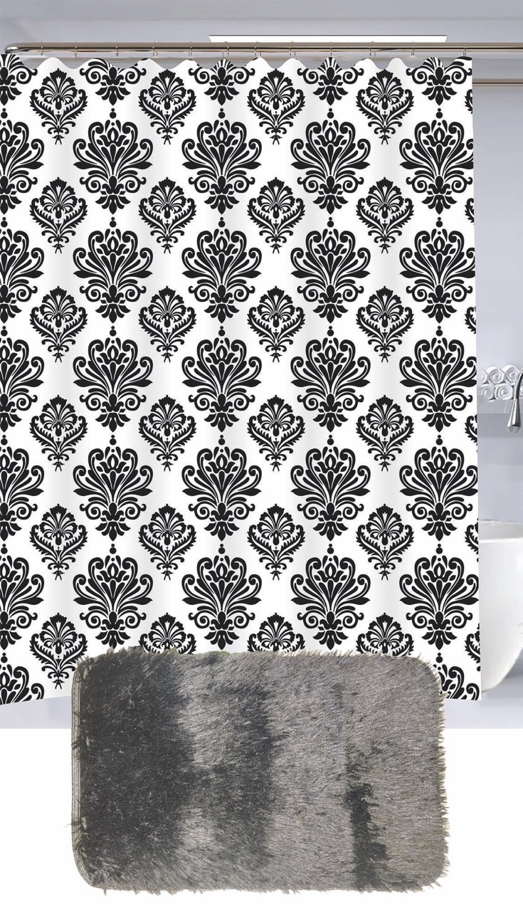 Set Cortina de Baño con Alfombra Peluda y Ganchos - Campomayo