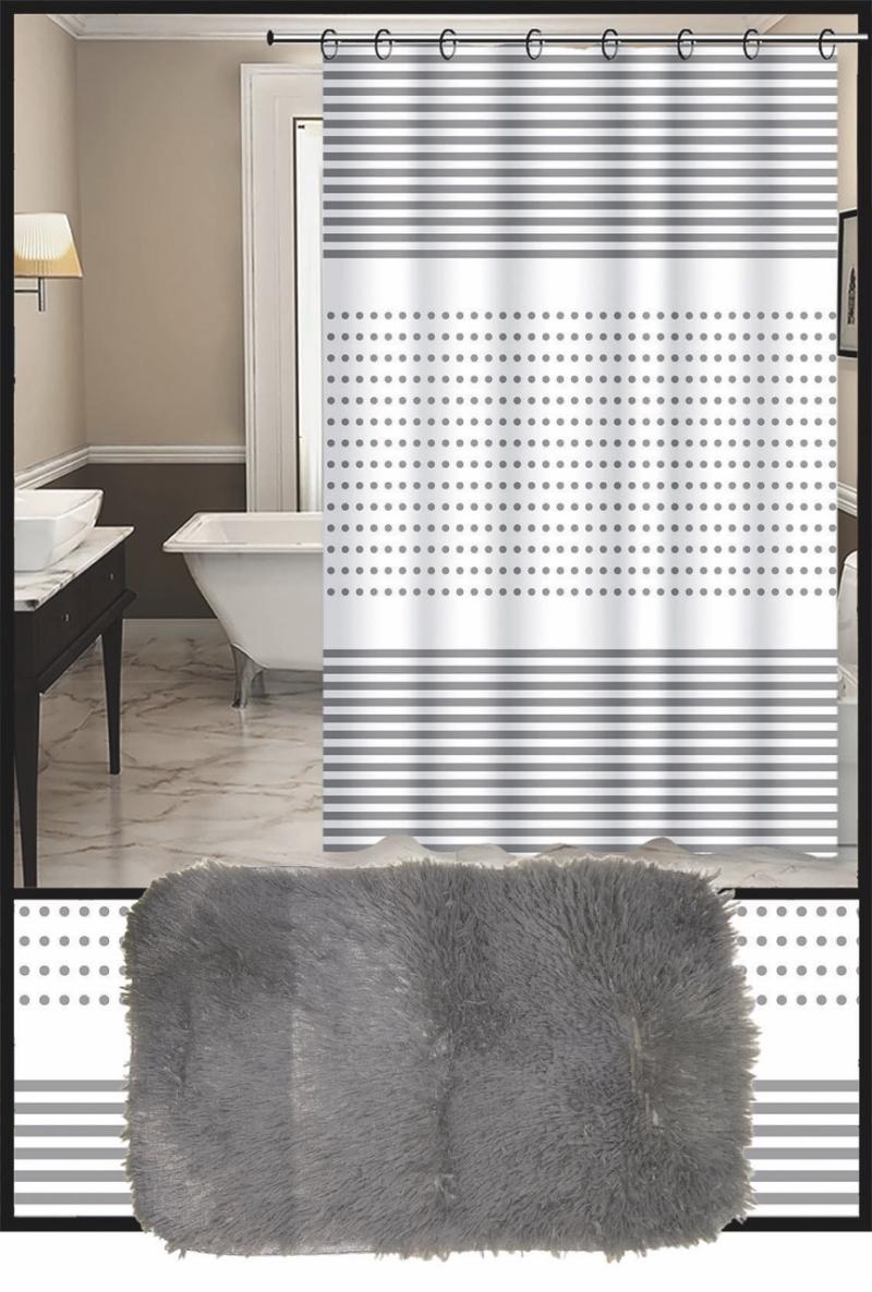 Set Cortina de Baño con Alfombra Peluda y Ganchos - Campomayo