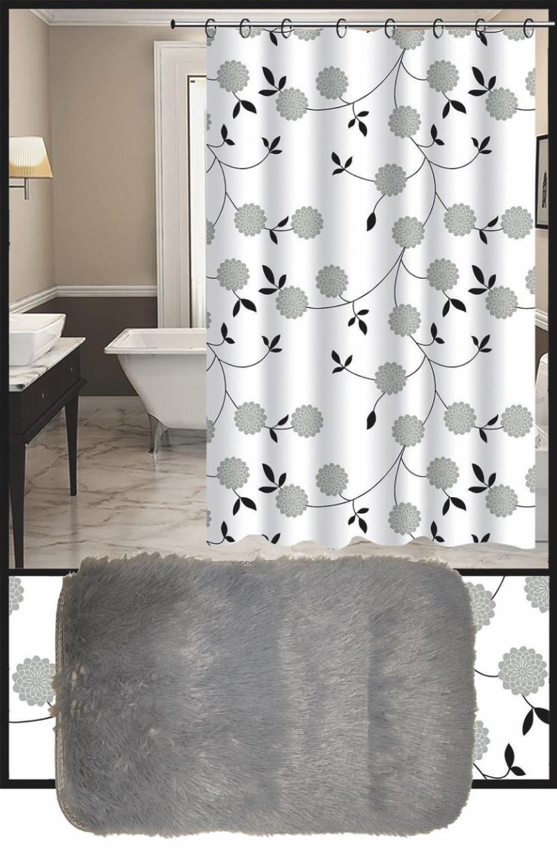 Set Cortina de Baño con Alfombra Peluda y Ganchos - Campomayo