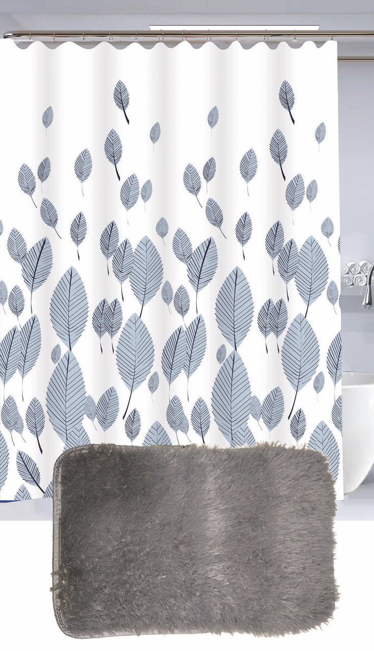 Set Cortina de Baño con Alfombra Peluda y Ganchos - Campomayo