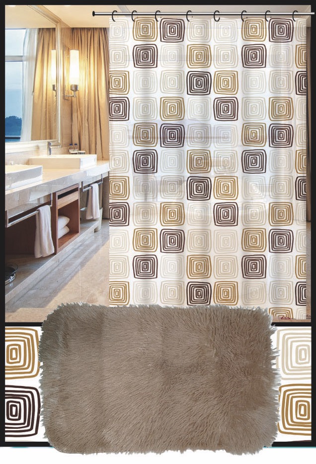 Set Cortina de Baño con Alfombra Peluda y Ganchos - Campomayo