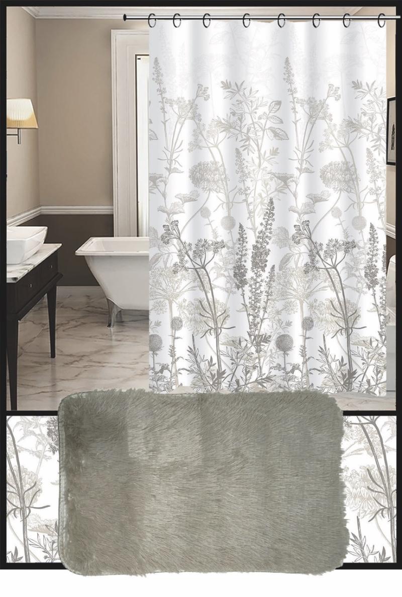 Set Cortina de Baño con Alfombra Peluda y Ganchos - Campomayo