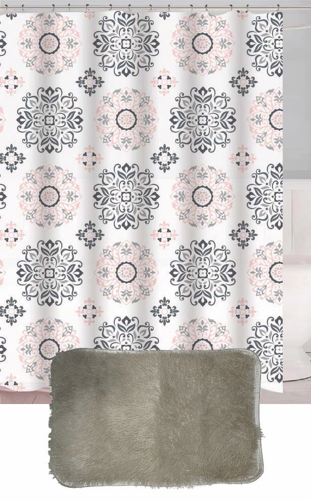 Set Cortina de Baño con Alfombra Peluda y Ganchos - Campomayo