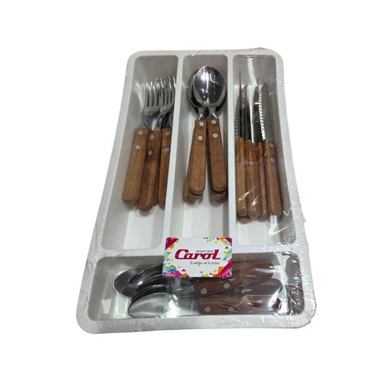 Set de Cubiertos x24 Piezas con Cubertero: Mango de Madera - Carol