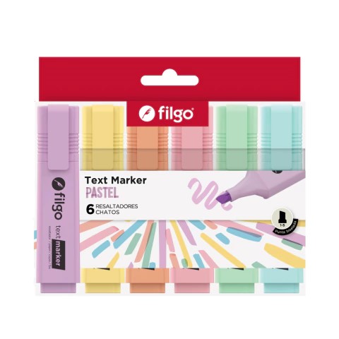 PACK RESALTADOR TEXT MARKER FILGO X6 PASTEL X12 ESTUCHES