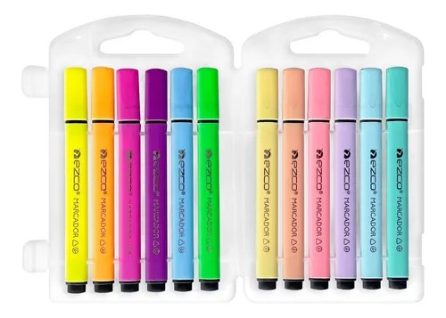 MARCADORES TRIANGULARES X12 EZCO (6 NEON+6PASTEL) VALIJA PLASTICA