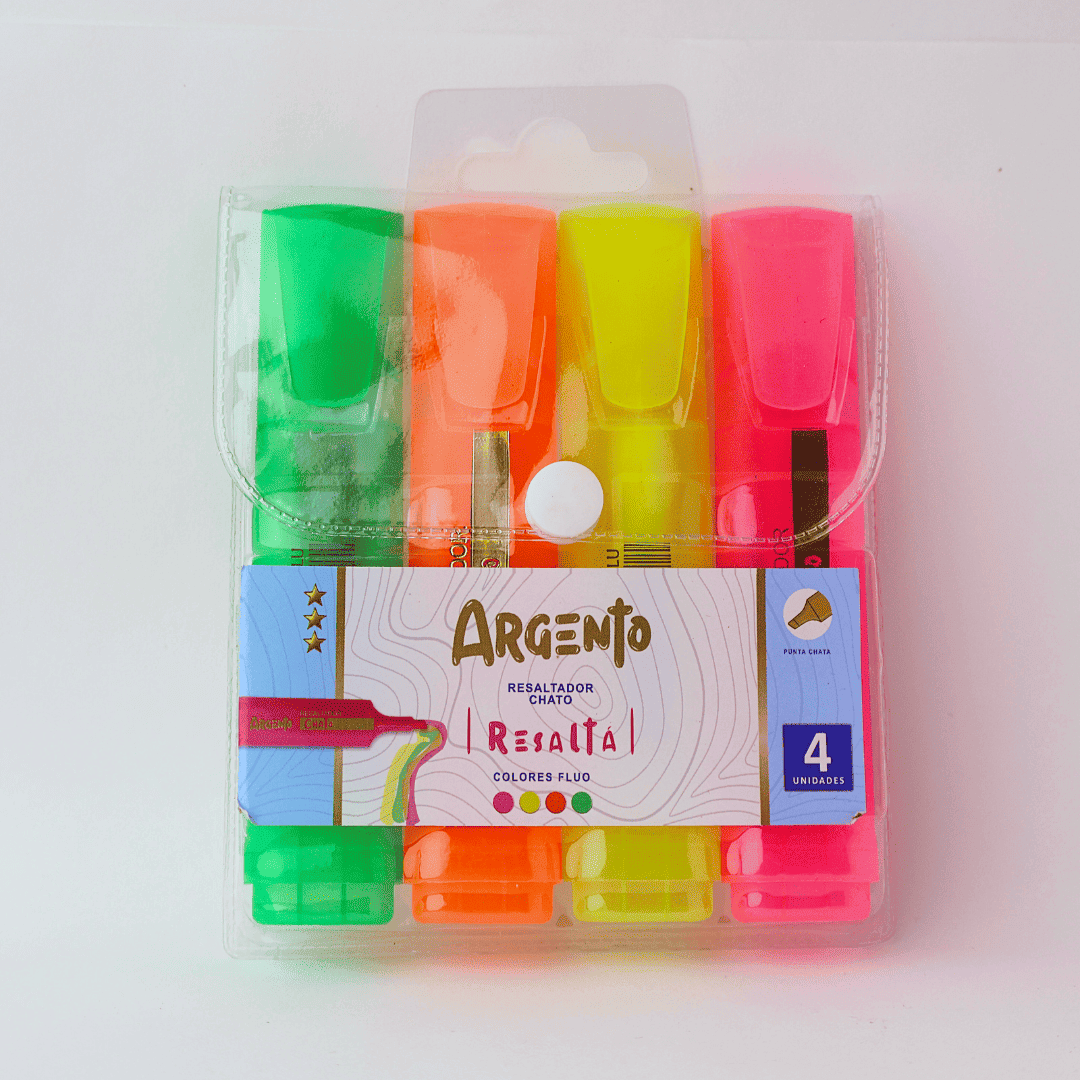 COMBO RESALTADOR FLUO CHATO ARGENTO X4 PACK X12 EST