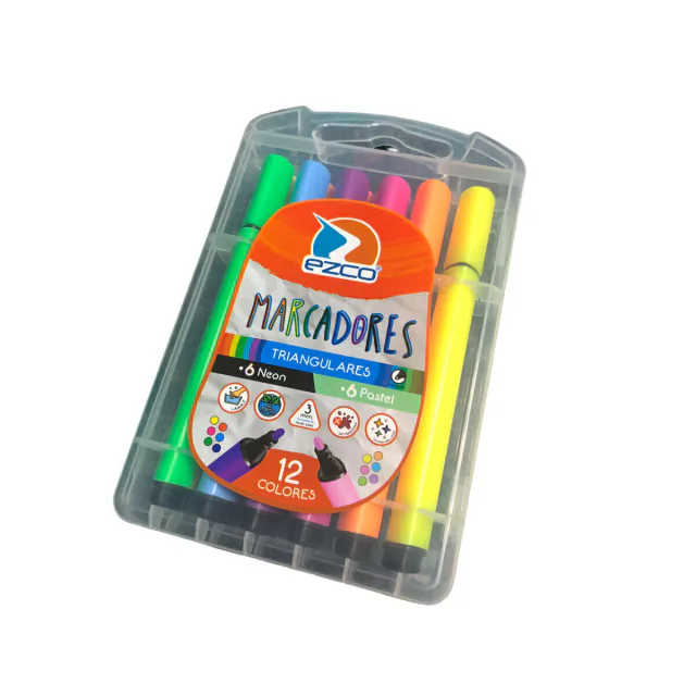MARCADORES TRIANGULARES X12 EZCO (6 NEON+6PASTEL) VALIJA PLASTICA