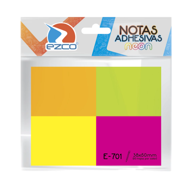 NOTAS ADHESIVA NEON EZCO E-701 38X50MM X50 HJS X 4 COLORES