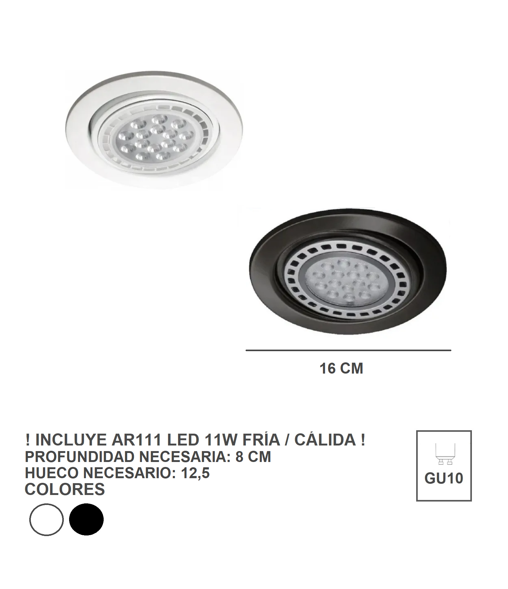 Spot Embutir Redondo Blanco Negro Móvil AR111 LED 11W