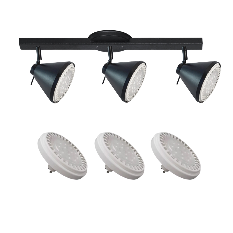 Base Riel 3 Spot Conico Blanco / Negro AR111 LED 11w