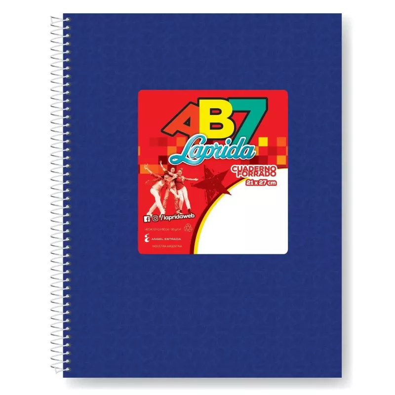 Lapicera y cuaderno Laprida AB7 anillado 60 hojas rayadas forrado azul de oficina.