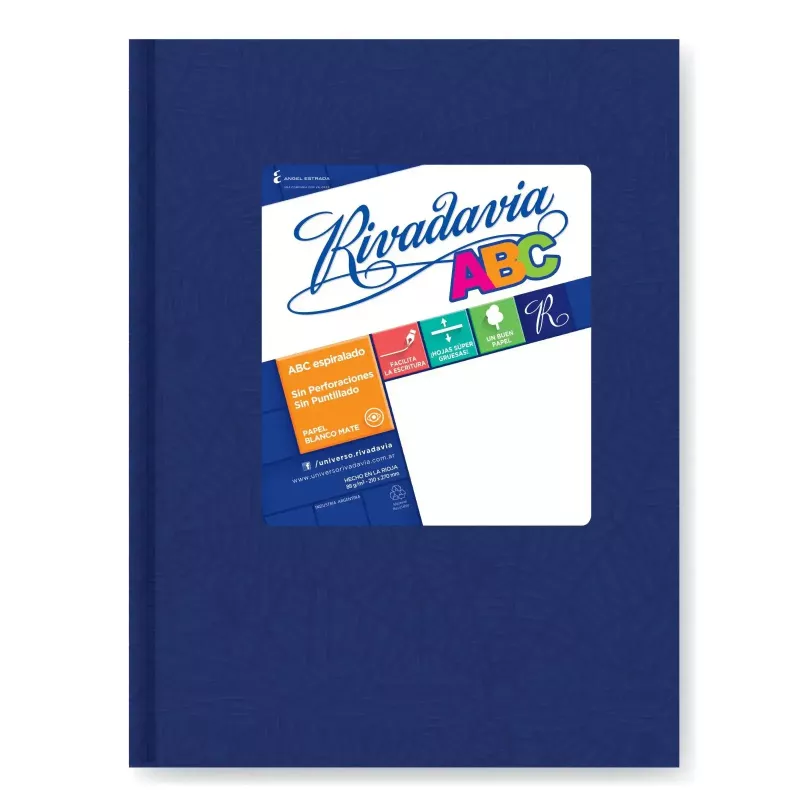 Cuaderno Rivadavia tapa dura forrado azul 50 hojas con papel de alto gramaje.