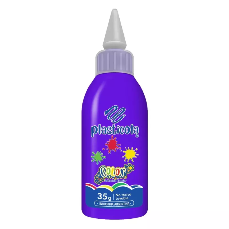 Plasticola de color Violeta 35g: adhesivo de color vibrante para uso escolar.