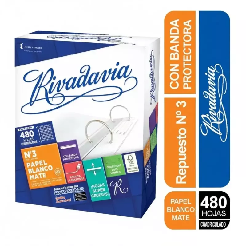 Hojas de carpeta Rivadavia cuadriculadas x 480 repuesto escolar con margen reforzado.