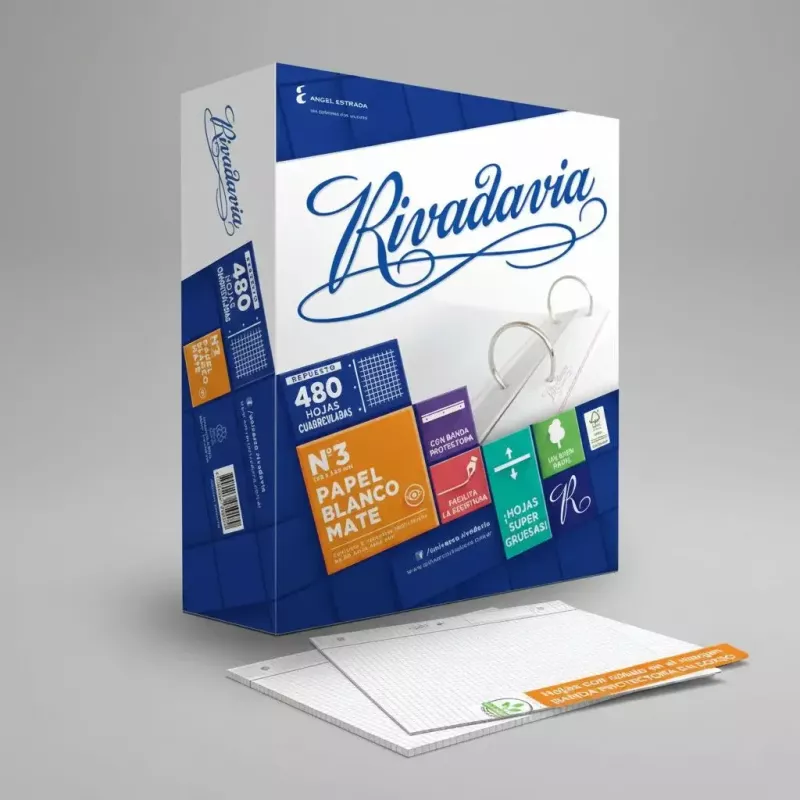 Repuesto escolar Rivadavia cuadriculado 480 hojas con banda de protección para carpeta de 3 anillos.