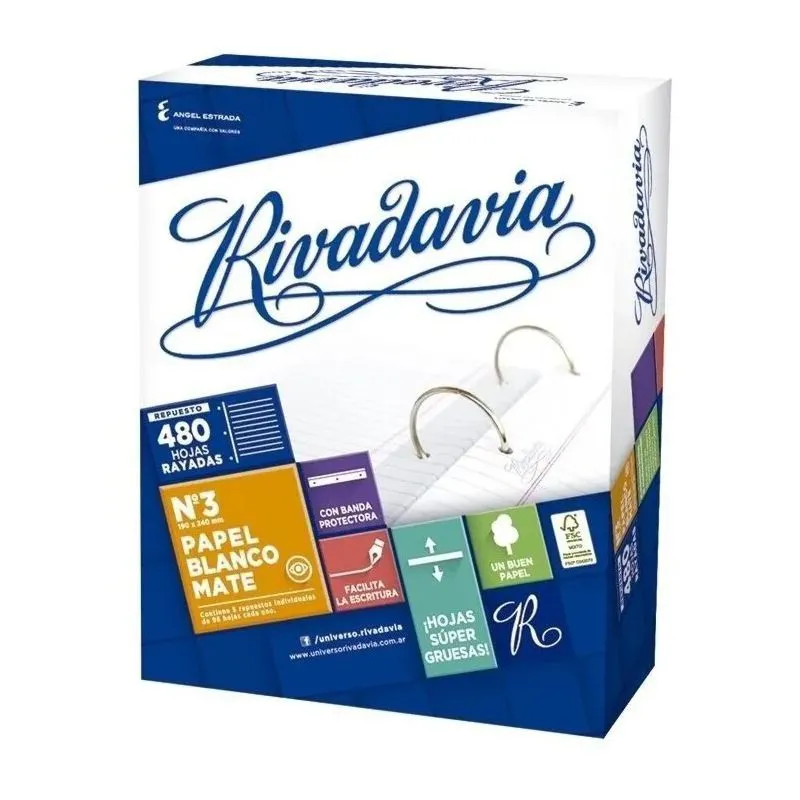 Repuesto Rivadavia 480 hojas rayado número 3 para carpeta escolar.