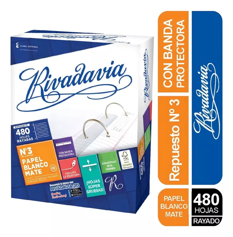 Hojas Rivadavia rayadas x 480 repuesto escolar reforzado para carpeta de 3 anillos.