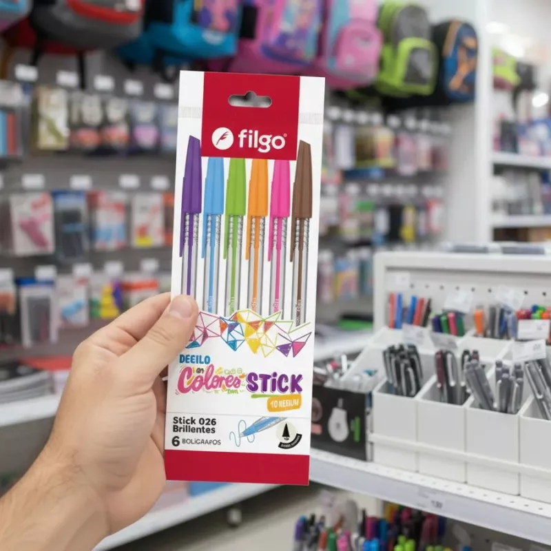 Pack de biromes Filgo Stick 1.0 mm x 6 colores surtidos para el colegio.