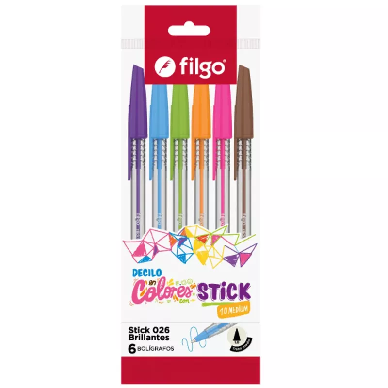 Bolígrafos Filgo Stick 1.0 mm pack x 6 colores surtidos con cuerpo translúcido.