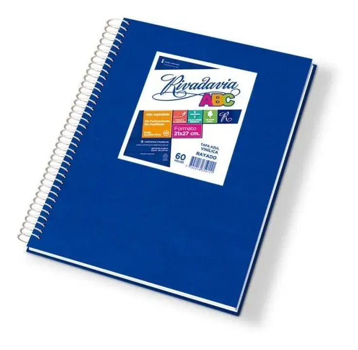 Cuaderno grande Rivadavia ABC 21 x 27 cm rayado 60 hojas con rulo plástico.
