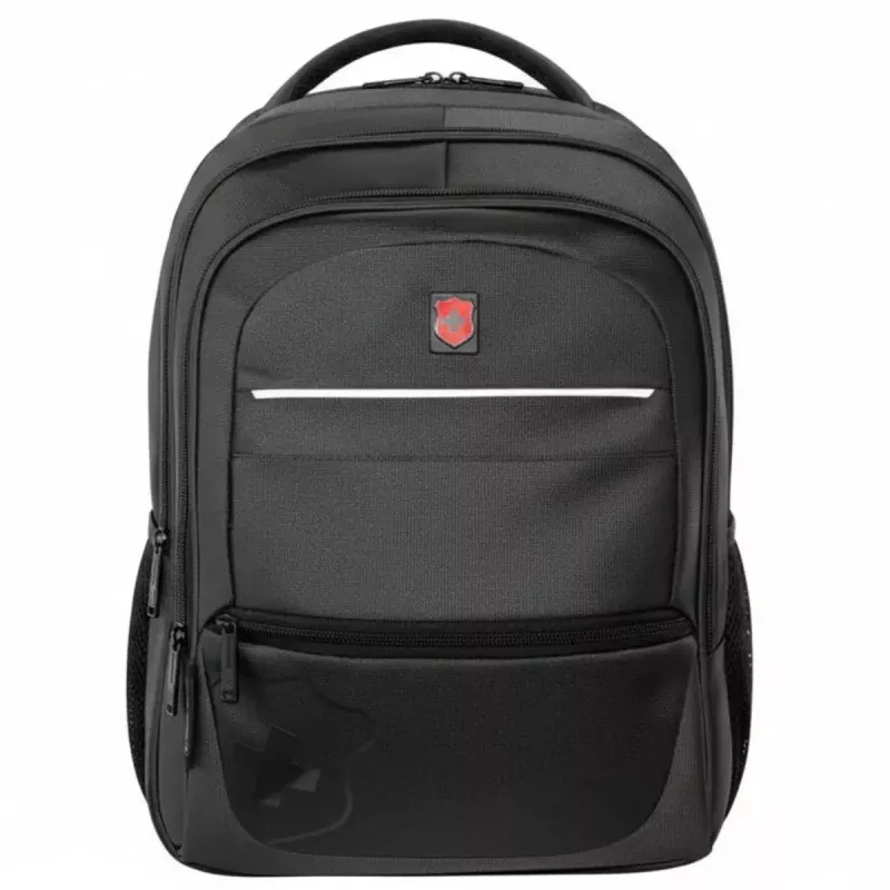 Mochila porta notebook negra reforzada con compartimento acolchado para laptop.