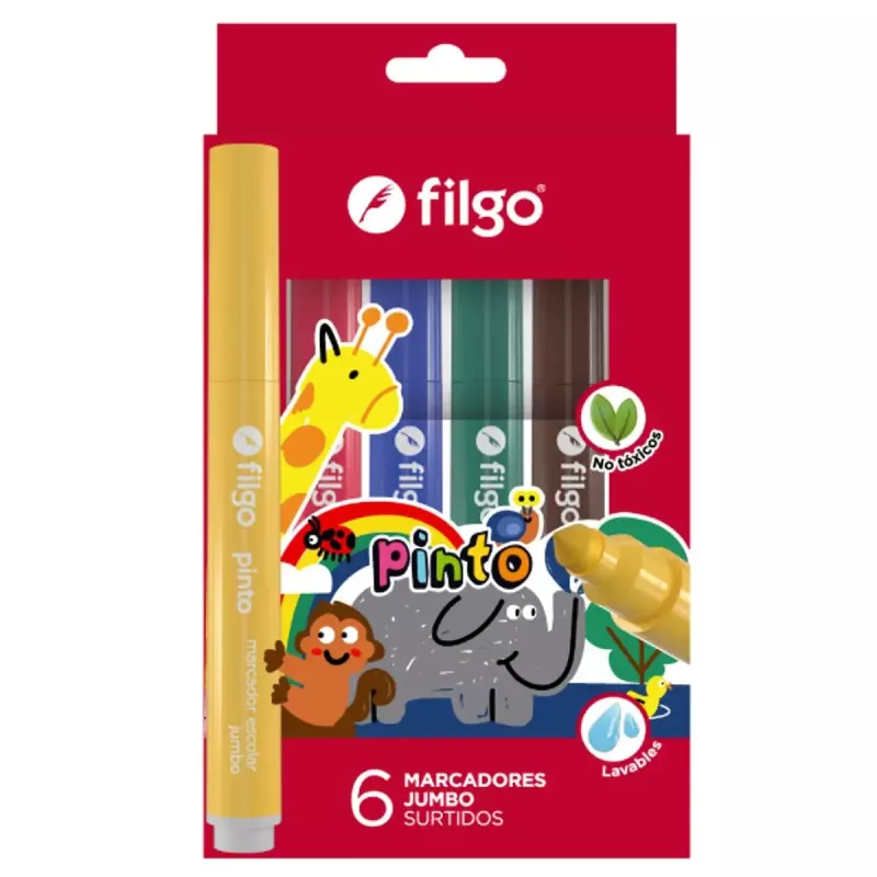 Marcador Filgo Pinto Jumbo escolar punta maxi lavable de cuerpo grueso, 6 colores.