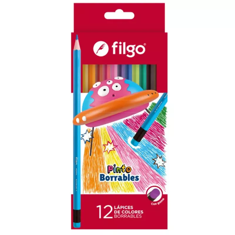 Lápices de colores Filgo Pinto borrables largos caja x 12 con goma incorporada.