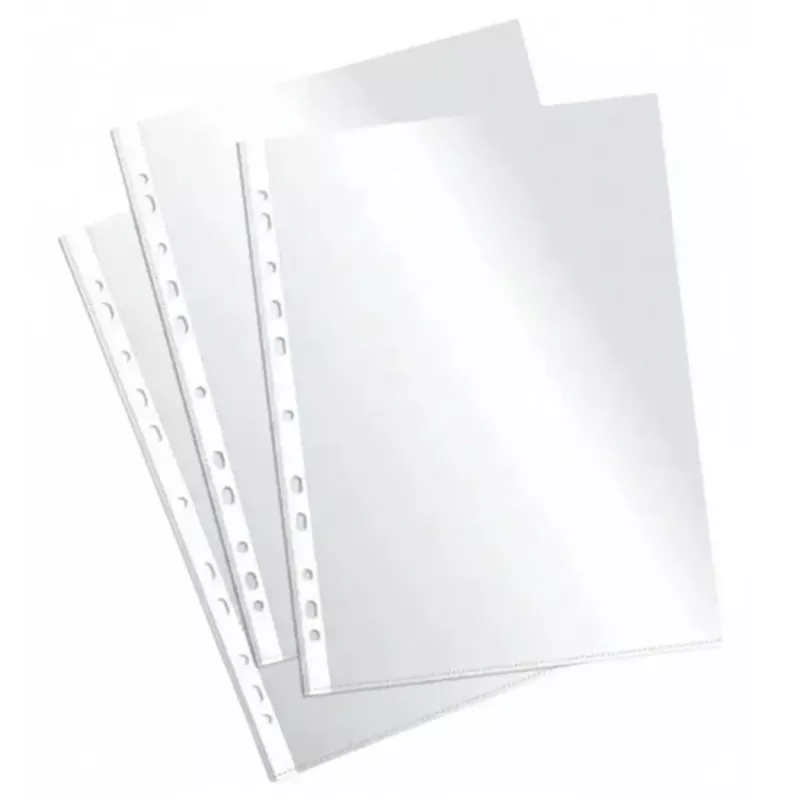 Folios A4 reforzados 70 micrones ultra pesados transparentes caja x 100 unidades.