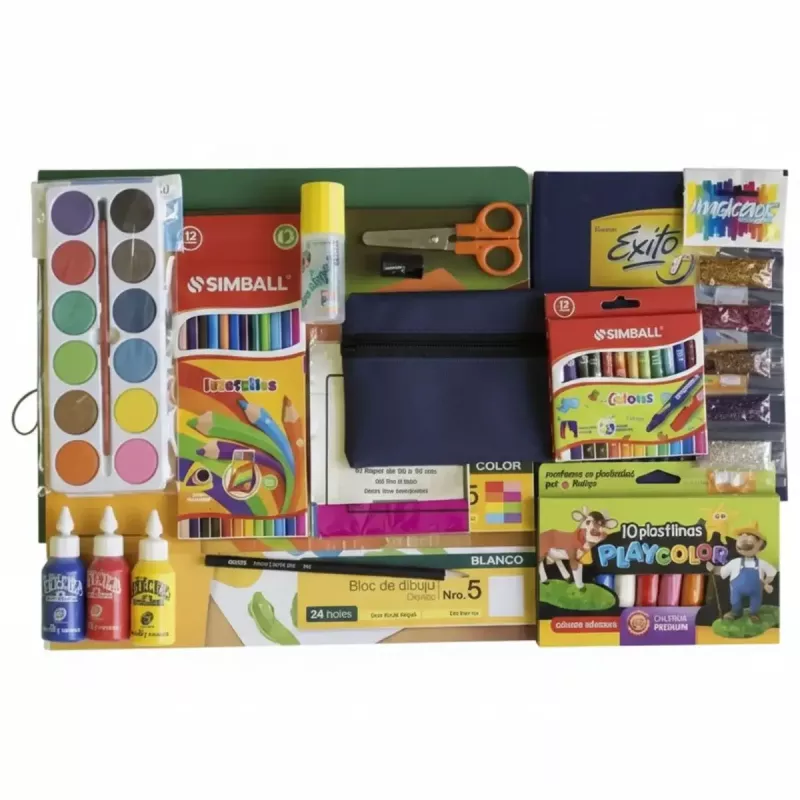 Kit escolar preescolar intermedio con acuarelas, plastilinas, crayones y blocks de dibujo para empresas.