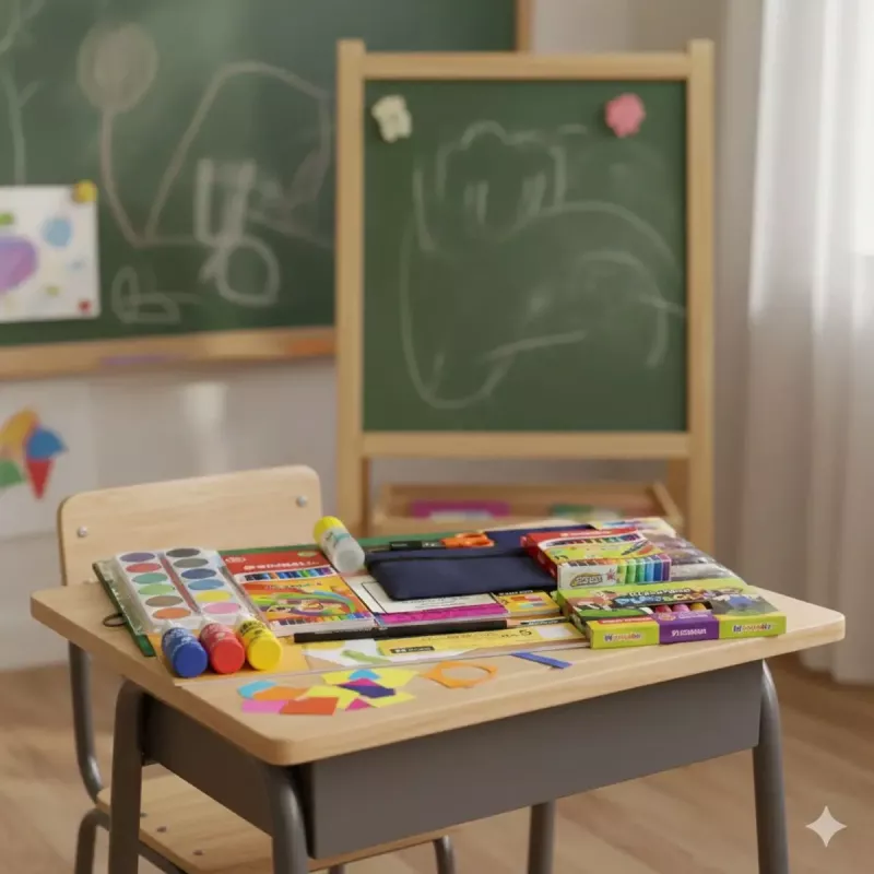 Kit escolar preescolar intermedio presentado en pupitre de aula, ideal para ventas corporativas