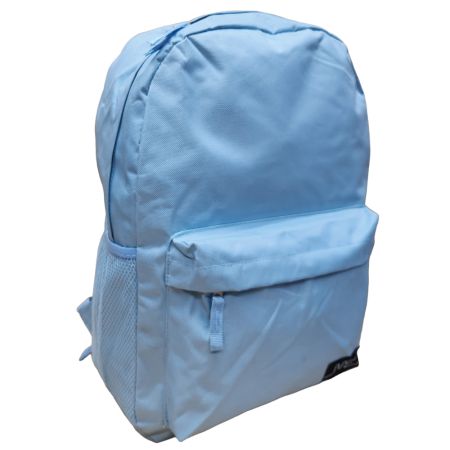 Mochila escolar celeste con diseño de liso para niños y niñas.