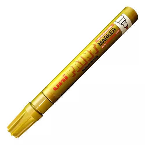 Marcador Uni PX20 dorado, cerrado y en diagonal, destacando su diseño ergonómico para marcar en múltiples superficies.