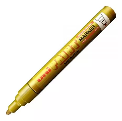 Marcador Uni PX20 dorado en diagonal, sin capuchón, mostrando su punta redonda, ideal para marcar en distintas superficies.