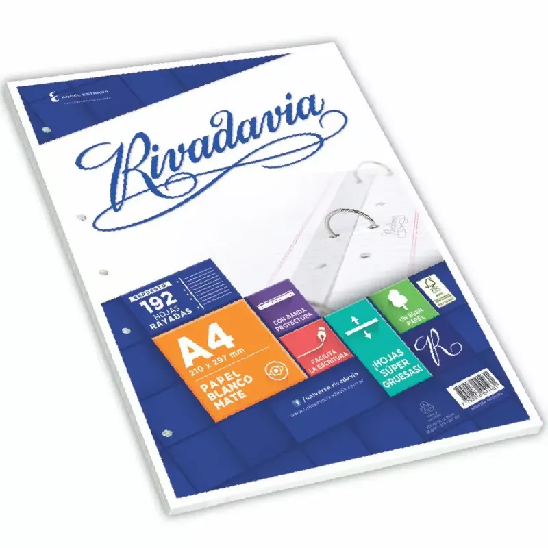 REPUESTO A4 RIVADAVIA RAYADO CON BANDA X 192 HOJAS