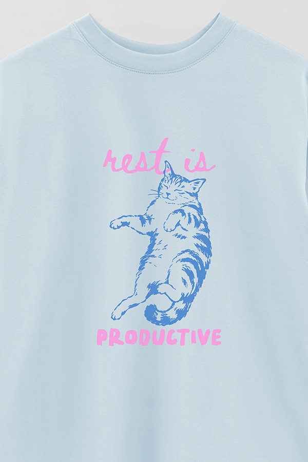 REMERA OVER ESTAMPADA CAT REST IS PRODUCTIVE