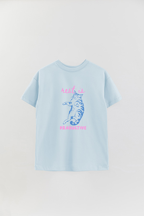 REMERA OVER ESTAMPADA CAT REST IS PRODUCTIVE