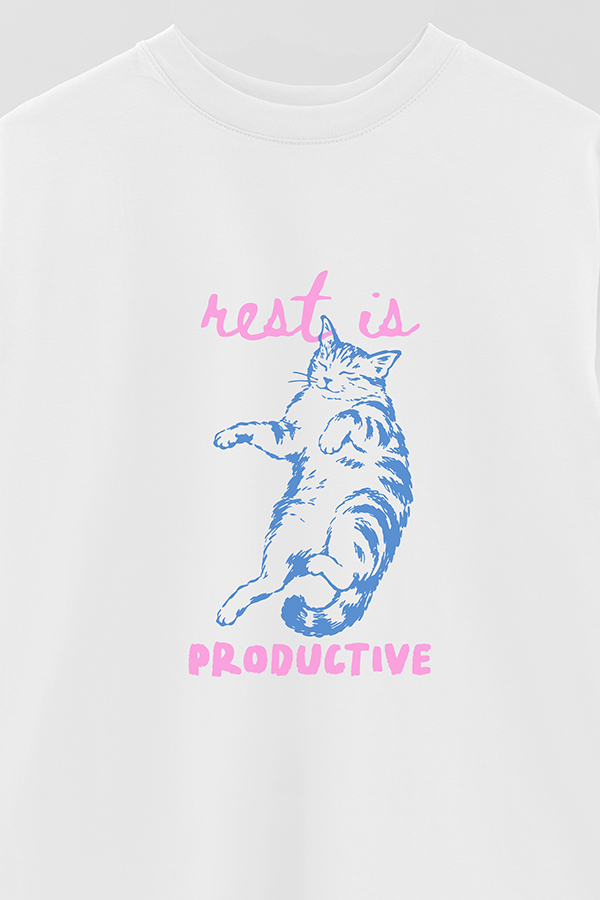 REMERA OVER ESTAMPADA CAT REST IS PRODUCTIVE