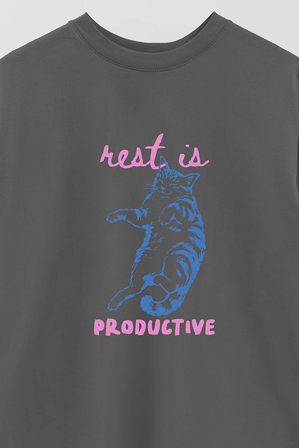REMERA OVER ESTAMPADA CAT REST IS PRODUCTIVE