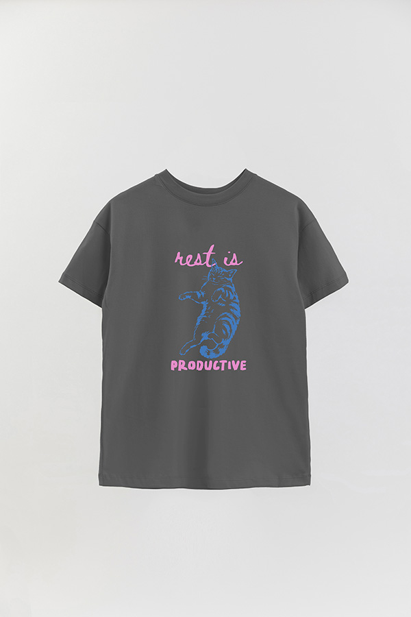 REMERA OVER ESTAMPADA CAT REST IS PRODUCTIVE