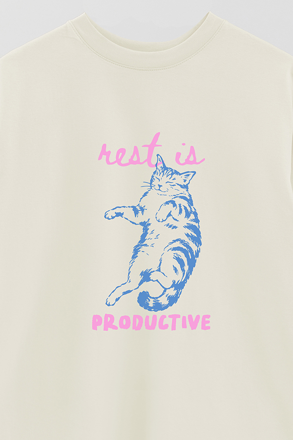 REMERA OVER ESTAMPADA CAT REST IS PRODUCTIVE