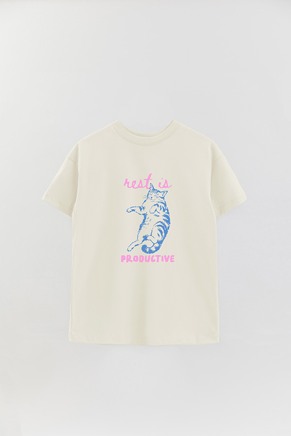 REMERA OVER ESTAMPADA CAT REST IS PRODUCTIVE