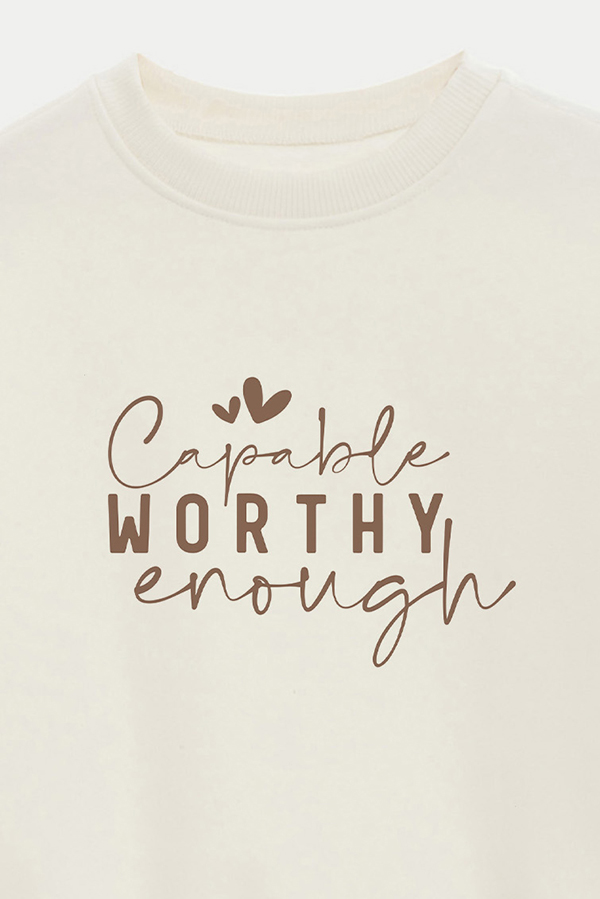 BUZO CROP ESTAMPADO MINIMAL LOVE CAPABLE WORTHY ENOUGH