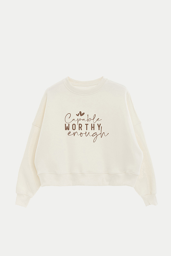 BUZO CROP ESTAMPADO MINIMAL LOVE CAPABLE WORTHY ENOUGH