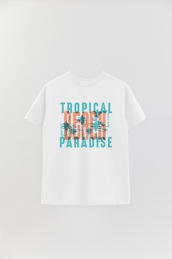 REMERA OVER ESTAMPADA TROPICAL BEACH PARADISE